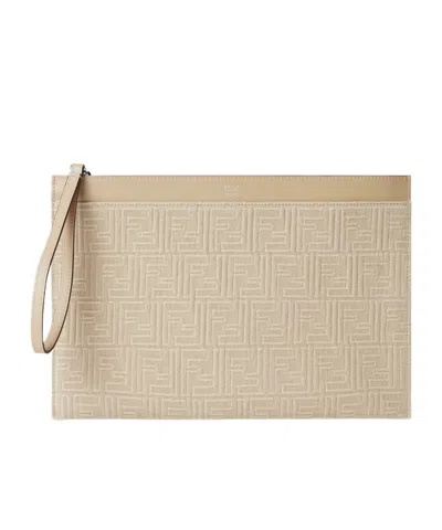 Fendi Ff Medium Flat Pouch In Neutral