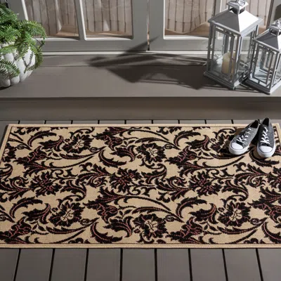 Safavieh Courtyard Machine Made Indoor/outdoor Area Rug, Creme / Black Traditional Style Easy Care In Brown