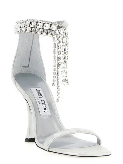 Jimmy Choo 'crystal' Metallic Sandals With Rhinestoned Ankle Strap And High Curved Heel