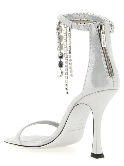 Jimmy Choo 'crystal' Metallic Sandals With Rhinestoned Ankle Strap And High Curved Heel