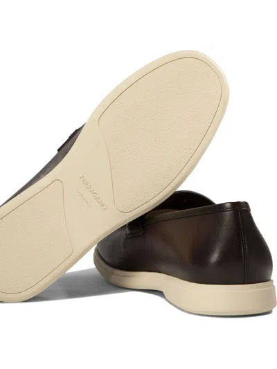 Ferragamo Brown Calf Leather Loafers In Black