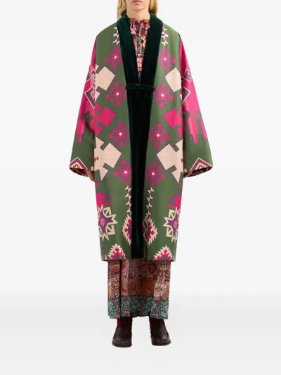 Pierre-louis Mascia Geometric-pattern Velvet-trimmed Coat In Green