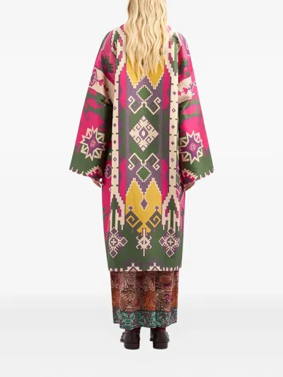Pierre-louis Mascia Geometric-pattern Velvet-trimmed Coat In Green