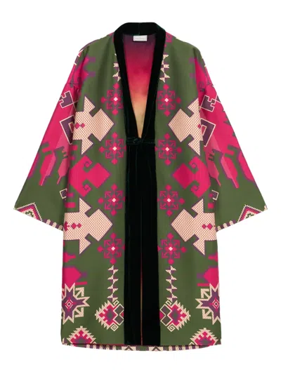 Pierre-louis Mascia Geometric-pattern Velvet-trimmed Coat In Green