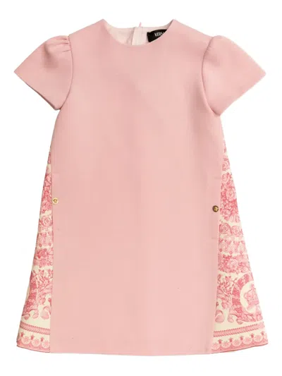 Versace Floral-panelled Short-sleeved Dress In Pink