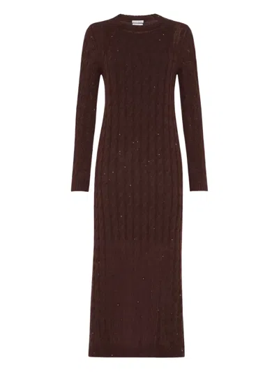 Brunello Cucinelli Sequined Cable-knit Midi Dress In Brown