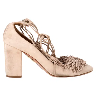 Aquazzura Tassel Fringed Block Heel Pumps In Nude Suede