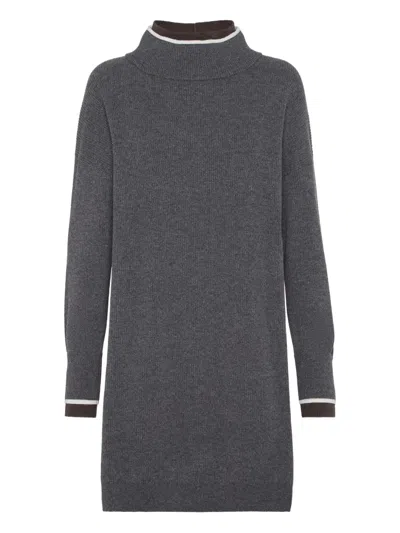 Brunello Cucinelli High-neck Ribbed-knit Mini Dress In Gray