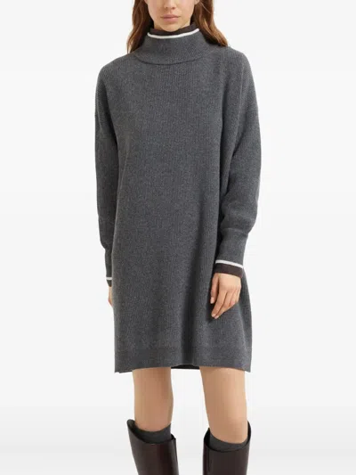Brunello Cucinelli High-neck Ribbed-knit Mini Dress In Gray