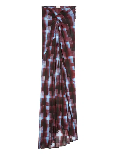 Dries Van Noten Smila Spray Painted Check Draped Maxi Skirt In Burgundy