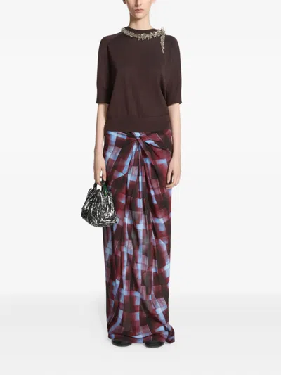 Dries Van Noten Smila Spray Painted Check Draped Maxi Skirt In Burgundy