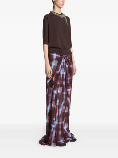 Dries Van Noten Smila Spray Painted Check Draped Maxi Skirt In Burgundy