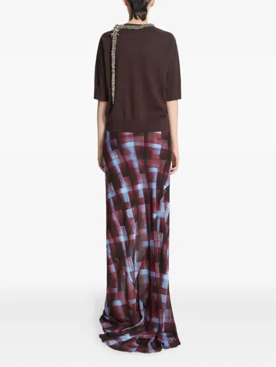 Dries Van Noten Smila Spray Painted Check Draped Maxi Skirt In Burgundy