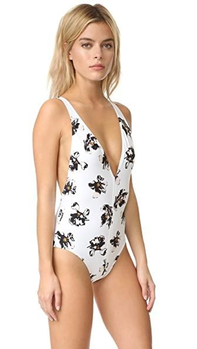 Falling Flowers Plunge neck One piece Swimsuit In White