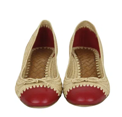 Bottega Veneta Women's Bow Beige Red Straw Leather Ballet Flat 338295 9867 (39.5 Eu / 9.5 Us)