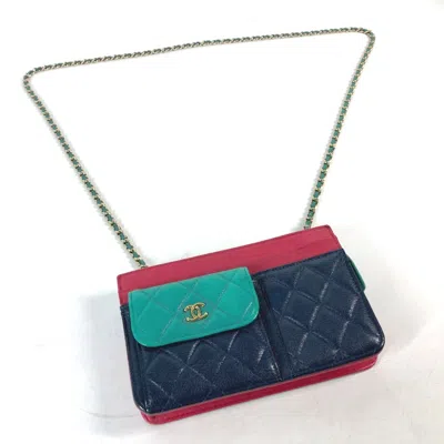 Pre-owned Chanel Navy Pink Grained Calfskin Pochette Shoulder Bag ()