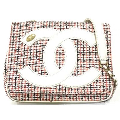 Pre-owned Chanel Red Color White Tweed Leather Pochette Shoulder Bag ()