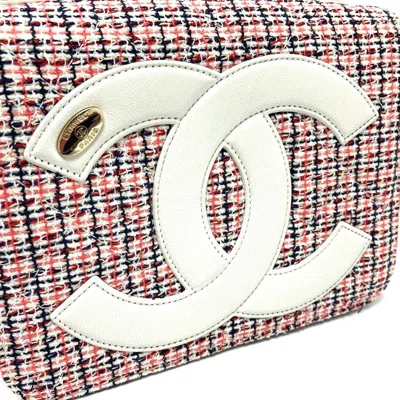 Pre-owned Chanel Red Color White Tweed Leather Pochette Shoulder Bag ()