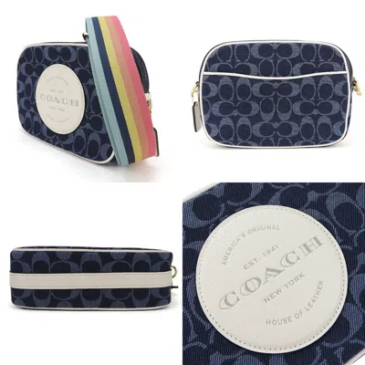 Pre-owned Coach Signature Navy White Denim Leather Shoulder Bag ()