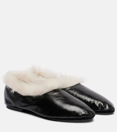 Jil Sander Shearling-trimmed Leather Slip-on Shoes In Black