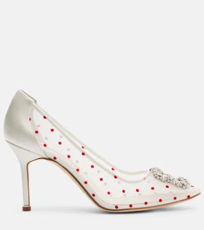 Manolo Blahnik Hangisi Polka-dot Mesh Pumps In White