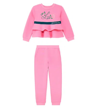 Monnalisa Cotton-blend Sweatshirt And Sweatpants Set In Pink