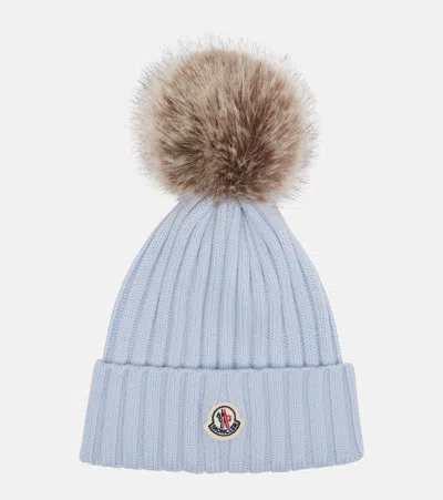 Moncler Ribbed Knit Hat With Fluffy Pom-pom In Blue