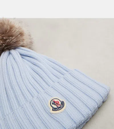Moncler Ribbed Knit Hat With Fluffy Pom-pom In Blue