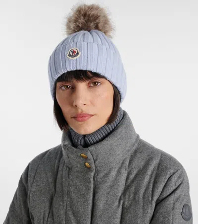 Moncler Ribbed Knit Hat With Fluffy Pom-pom In Blue