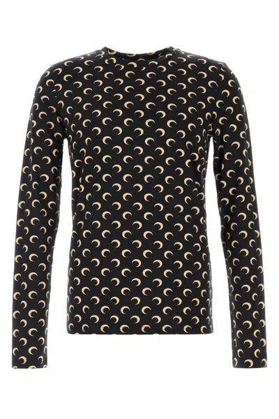 Marine Serre Black Crewneck Top With All-over Moon Print In Tech Fabric Stretch Woman In Black