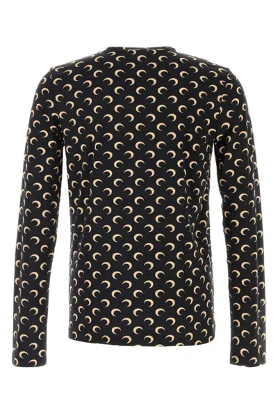 Marine Serre Black Crewneck Top With All-over Moon Print In Tech Fabric Stretch Woman In Black