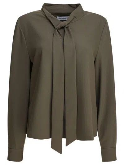Self-portrait Bow-neck Long-sleeve Blouse In Green