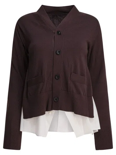Sacai Long-sleeved Knitted Cardigan In Brown