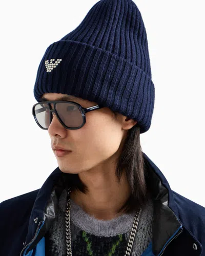 Emporio Armani Asv New York Capsule Collection Ribbed Wool-blend Beanie In Blue