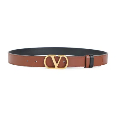 Valentino Leather Belt With Adjustable Length And Reversible In Brown