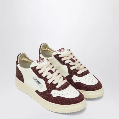 Autry Sneakers Medalist Low In Avory And Burgundy Glittered Leather. In Brown