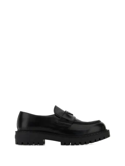Prada Polished Black Leather Loafers With Chunky Rubber Sole In Black