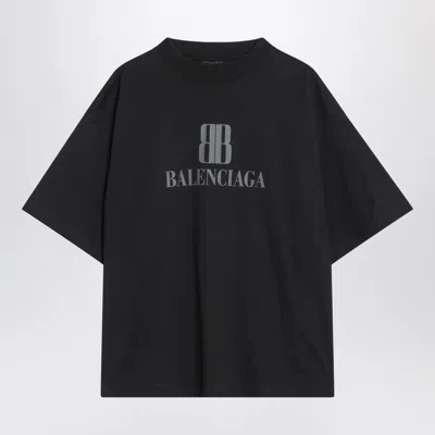 Balenciaga Faded Black T-shirt With Central Print And Wide Fit.