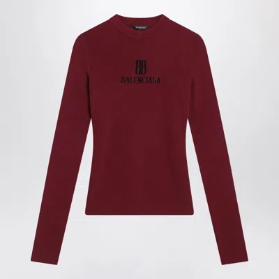 Balenciaga Ribbed Crewneck Long-sleeved Fitted Top In Burgundy