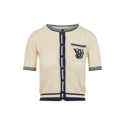 Valentino Embroidered Cardigan With Chest Pocket And Short Sleeves In Neutral