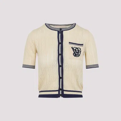 Valentino Embroidered Cardigan With Chest Pocket And Short Sleeves In Neutral