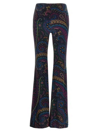 Etro Blue Flared Pants With All-over Paisley Print In Velvet Woman In Blue