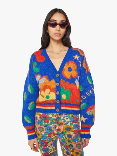 Mother Womens Fantasia The Button Floral-intarsia Wool-blend Cardigan In Blue