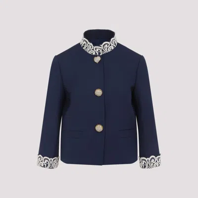Valentino Lace-insert Virgin Wool Jacket In Blue