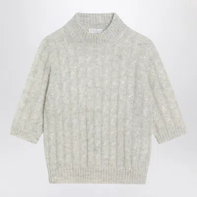 Brunello Cucinelli Cable Knit High Neck Jumper With Sequin Embellishments In Gray