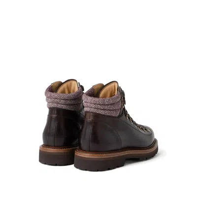 Brunello Cucinelli Wool And Cashmere-blend Trimmed Glossed-leather Boots In Brown