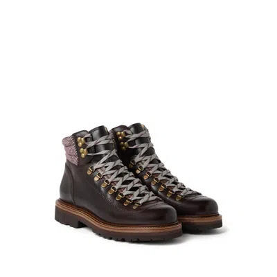 Brunello Cucinelli Wool And Cashmere-blend Trimmed Glossed-leather Boots In Brown
