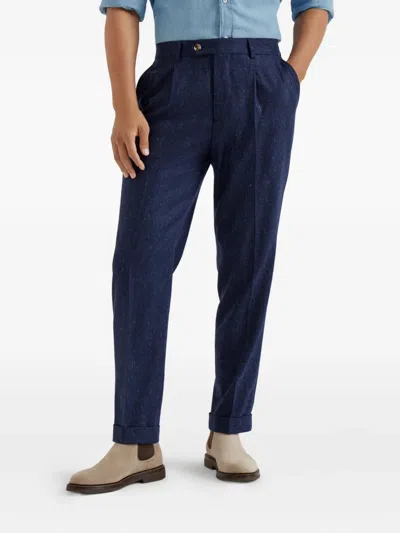 Brunello Cucinelli Straight-leg Cotton-blend Trousers In Blue