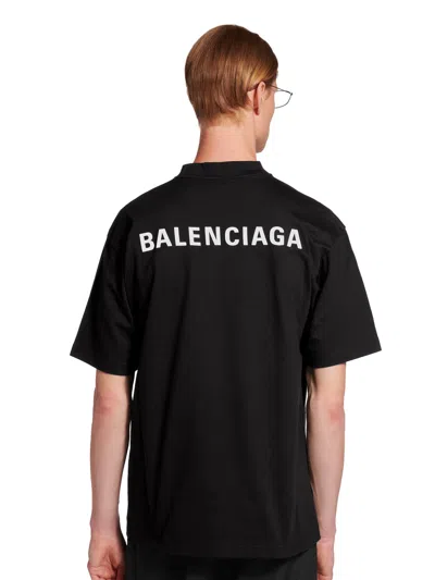 Balenciaga Men Black Crewneck T-shirt With Logo Lettering On The Front And Logo Patch On The Sleeve  In Black