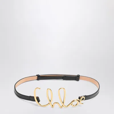 Chloé Small Iconic Logo Leather And Brass Belt In Black